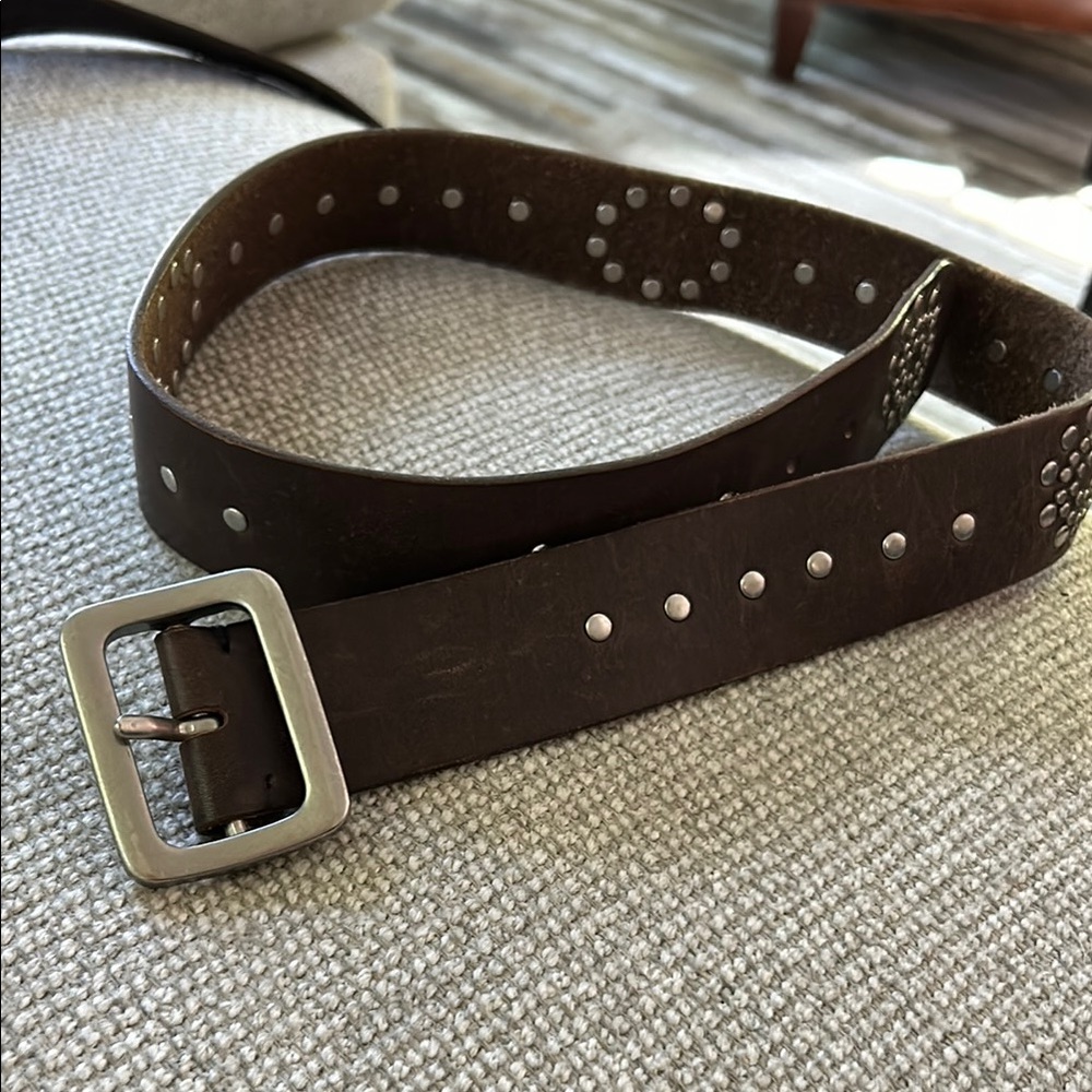 Buckle Brown Leather Belt with Metal Studs
